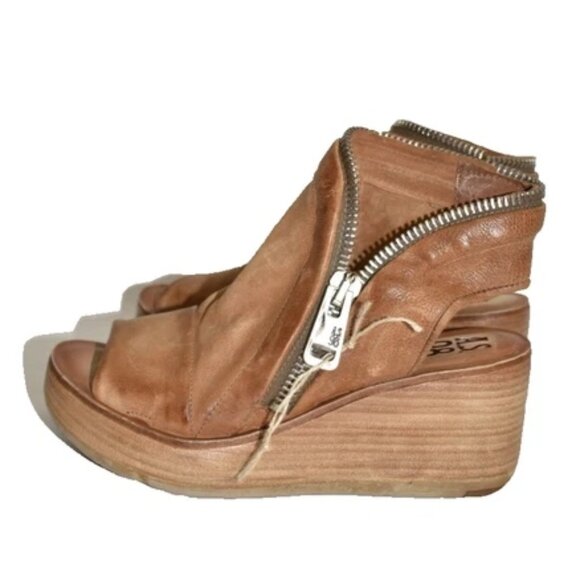 $370 A.S.98 Naylor Platform Wedge Sandal CAMEL LEATHER ZIPPER MOTO 37 (MG7) - Picture 5 of 7